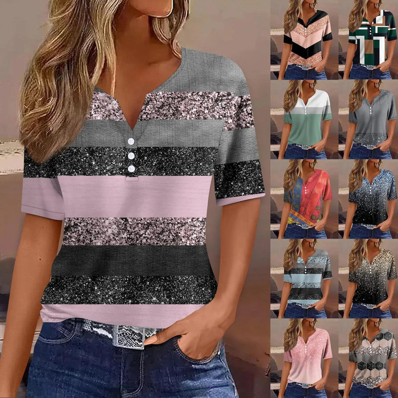 novas camisas da moda Camiseta feminina Estampado Botão Mangas curtas Diário fim de semana Moda Básico Decote em V Padrão Top