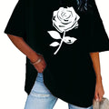 Plus Size Rose Print T-Shirt Casual Short Sleeve Crew Neck T-Shirt For Spring & Summer Women's Plus Size Clothing