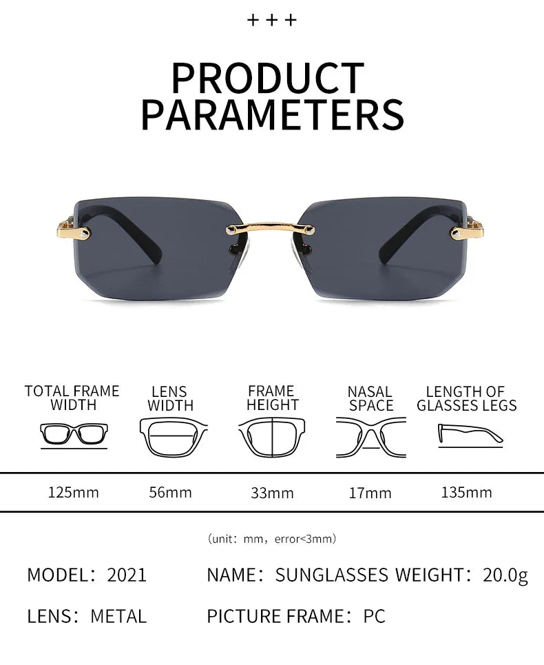 Óculos de sol sem aro retangular moda popular mulheres homens óculos de sol quadrados pequenos óculos de sol para o sexo feminino masculino verão viajando oculos